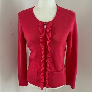Talbots Cherry Red Cotton/Rayon Ruffle Cardigan Sweater sz XS/S